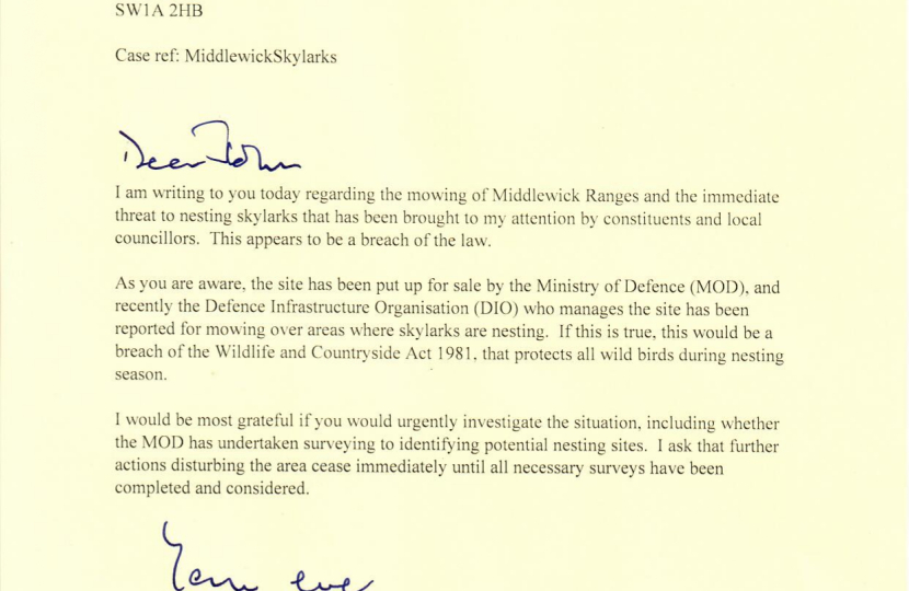 Image of the letter Bernard has sent to the Secretary of State for Defence regarding Middlewick skylarks